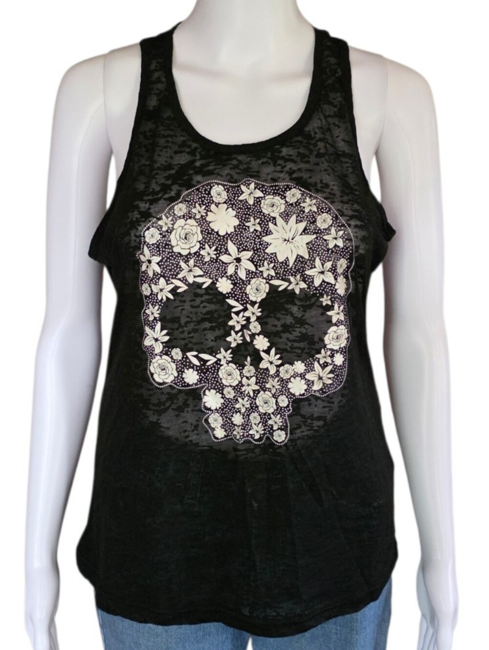 NWOT- Fancyqube Floral Skull Sheer Lace Racerback Tank
